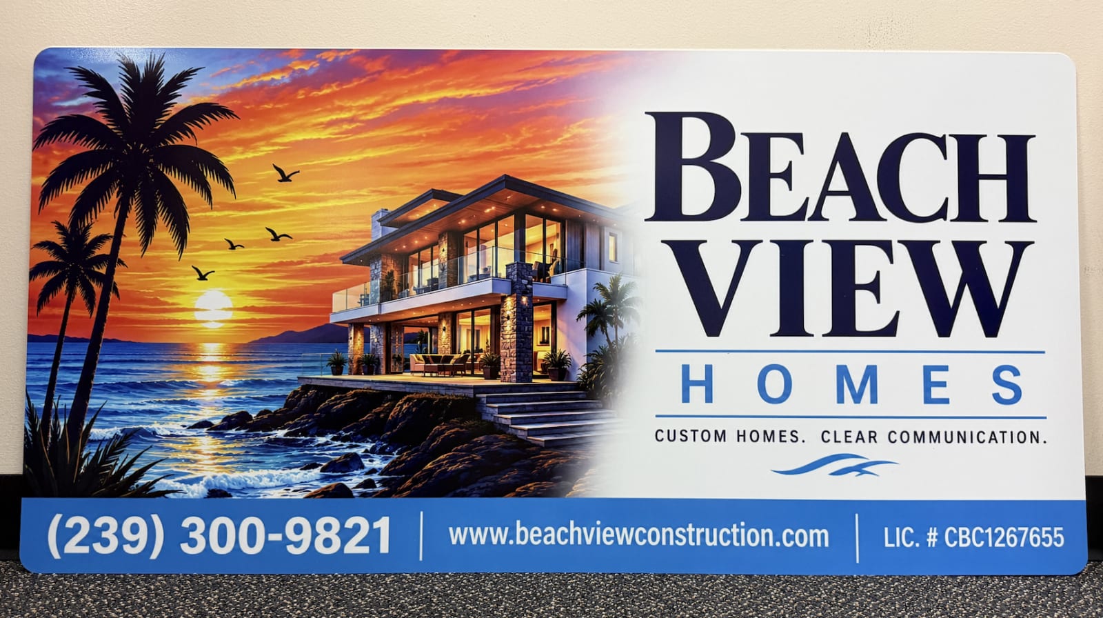 48 by 24 inch aluminum company sign for Beach View Homes, UV-printed direct onto the panel