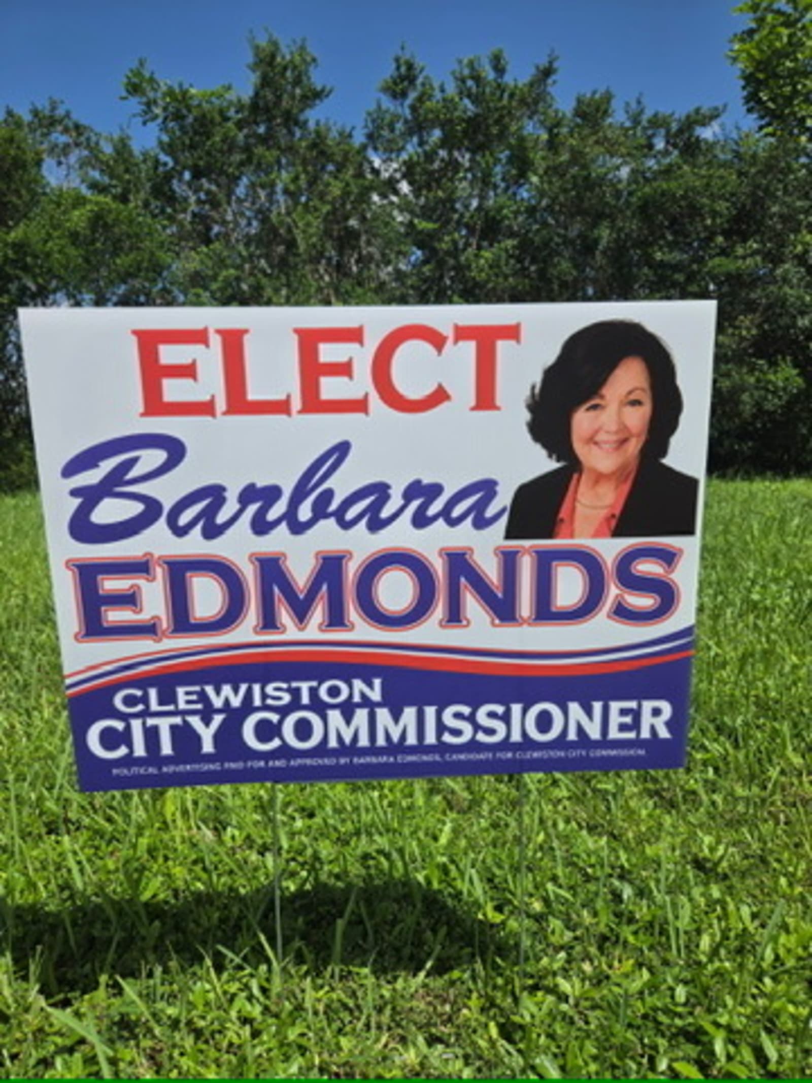 Double-sided campaign yard sign for Barbara Edmonds, Clewiston City Commission, printed in Fort Myers