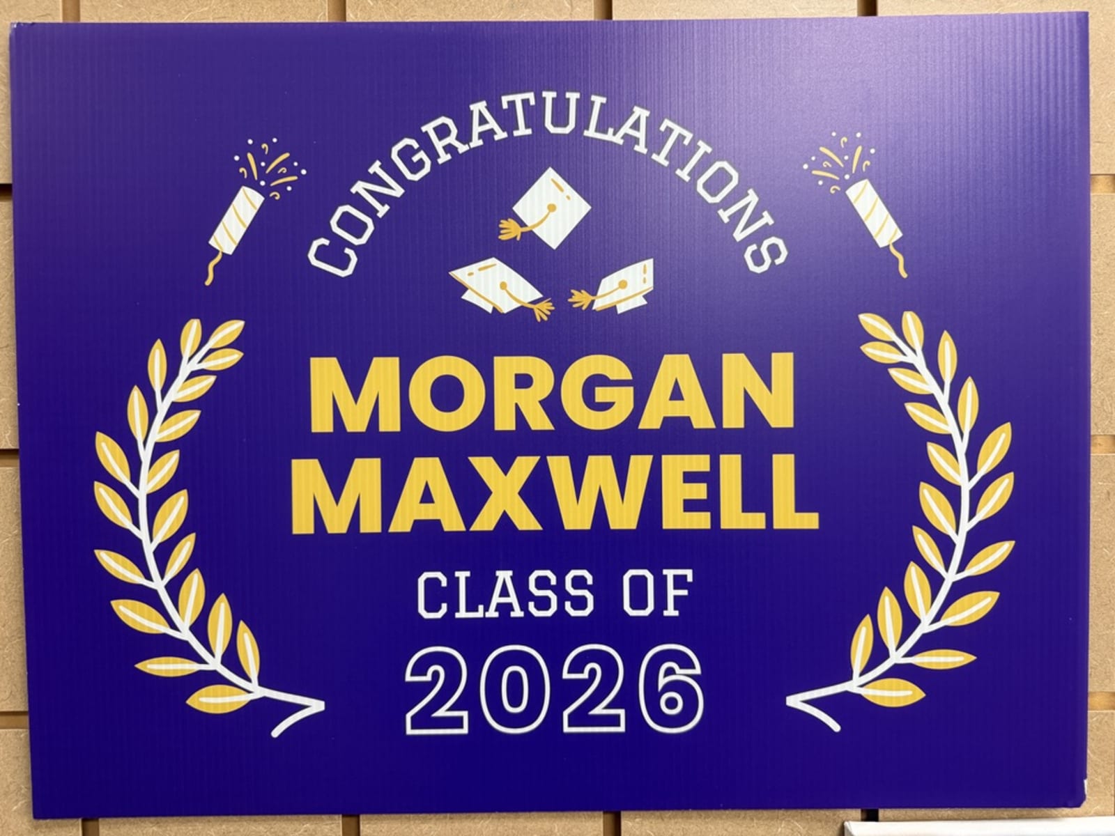 Class of 2026 personalized graduation yard sign, purple with gold laurels, printed in Fort Myers