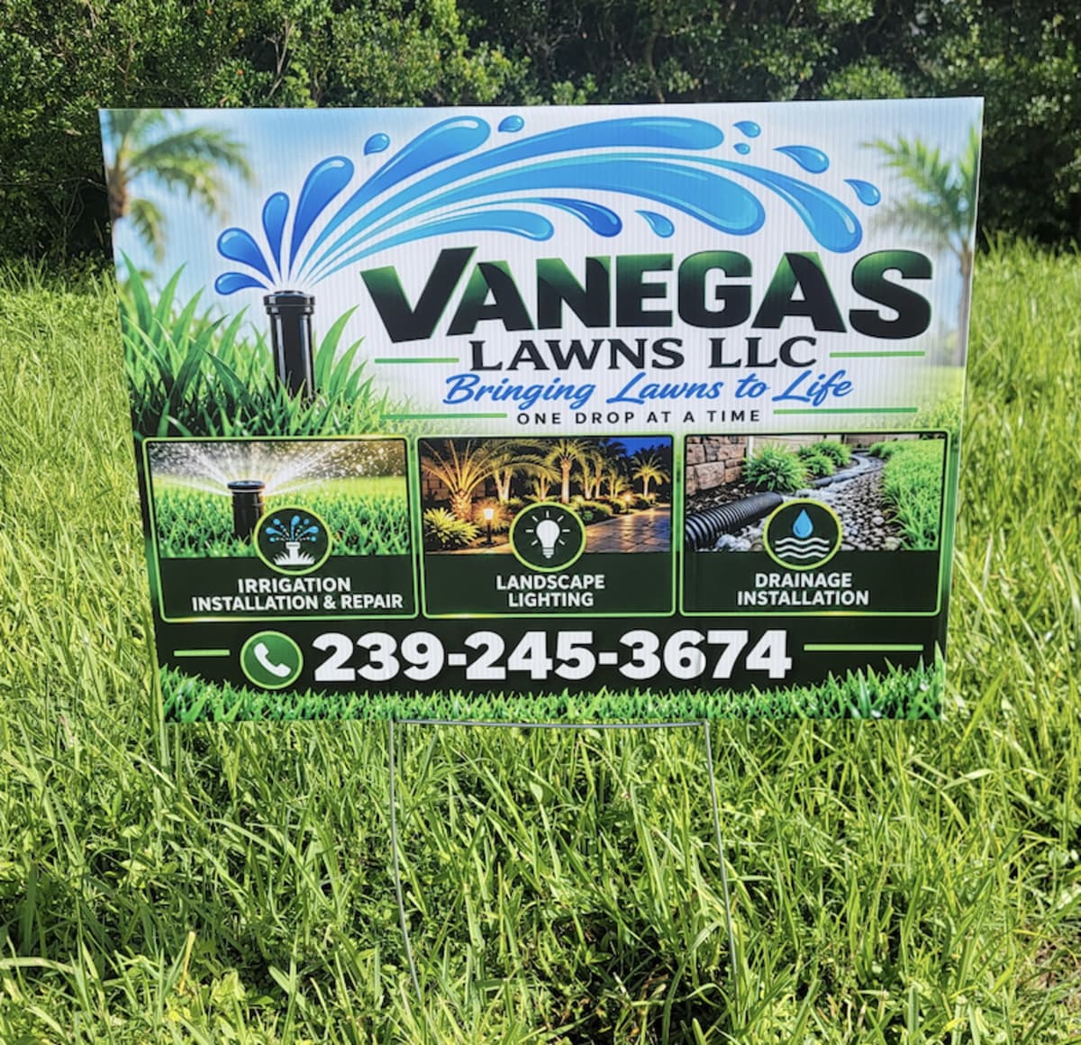 UV-printed coroplast yard sign for Vanegas Lawns, printed in Fort Myers