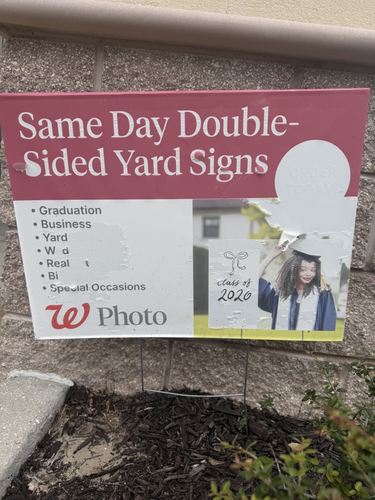 Vinyl-wrapped 2026 graduation sign, less than a year old, with the vinyl lifting and fraying along the edge